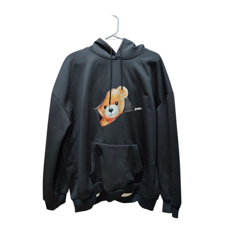 Black teddy bear fleece-lined hoodie